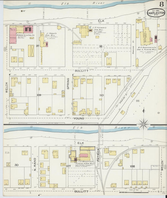 Sanborn Fire Insurance Map from Charleston, Kanawha County, West Virginia (1893), Sheet #0008 - Historic Sanborn Fire Insurance Map Print, vintage old map wall art, antique decor, genealogy gift, West Virginia West Virginia map