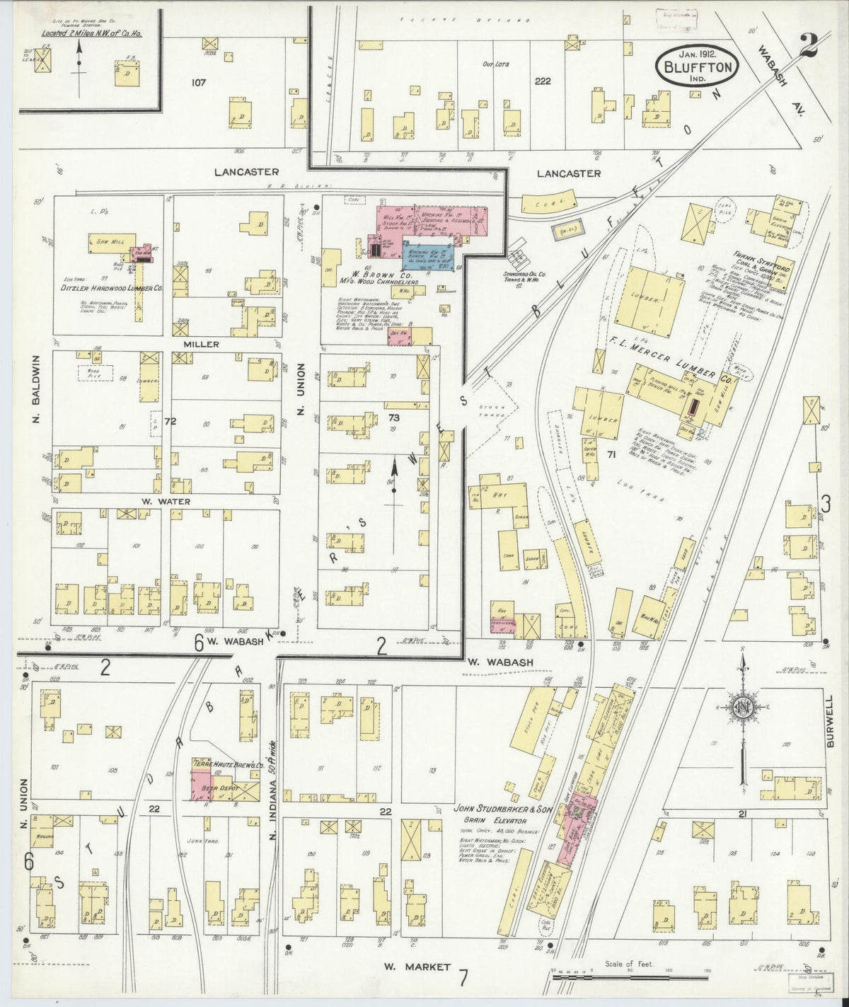Sanborn Fire Insurance Map from Bluffton, Wells County, Indiana (1912), Sheet #0002 - Historic Sanborn Fire Insurance Map Print, vintage old map wall art, antique decor, genealogy gift, Indiana Indiana map