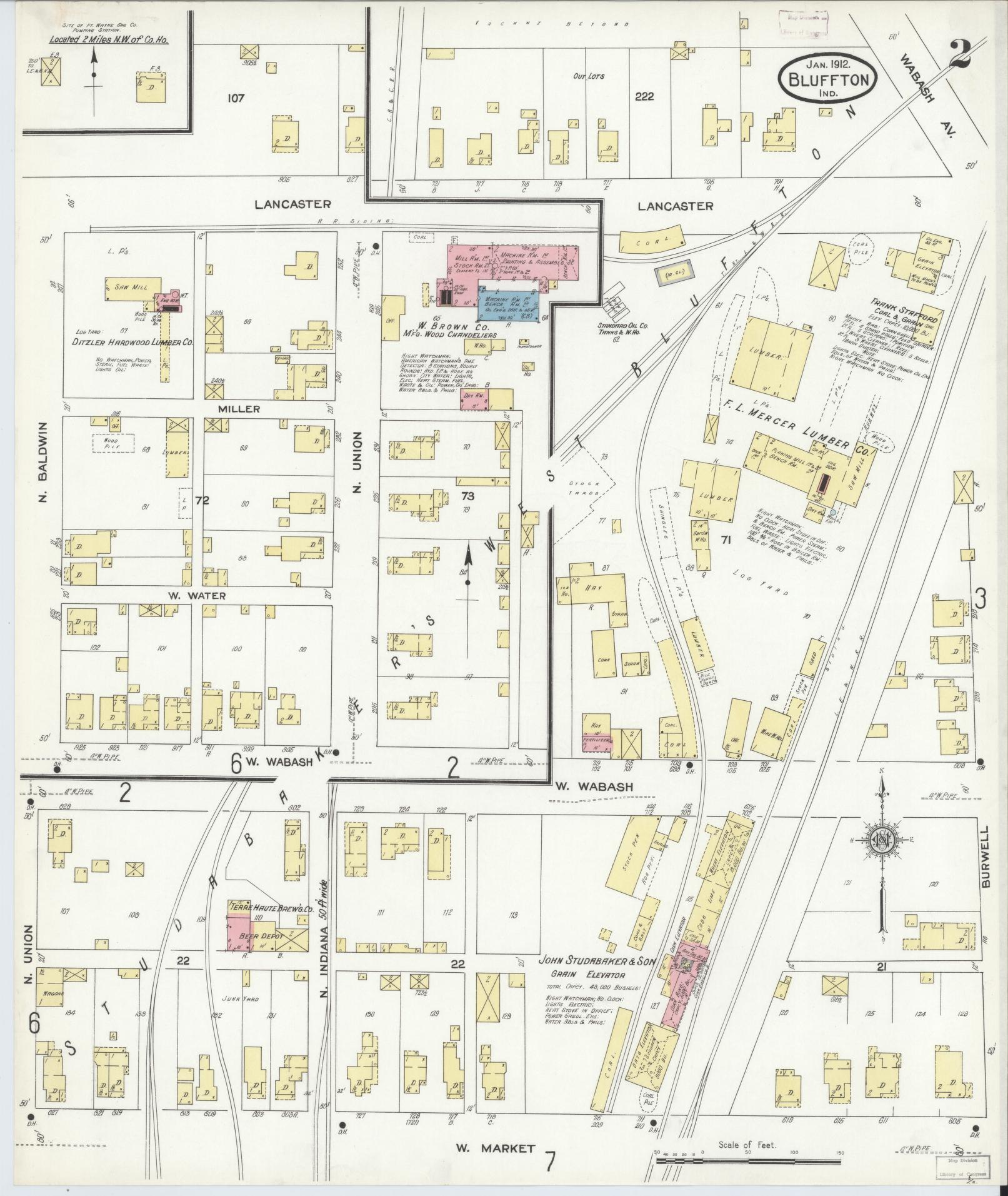 Sanborn Fire Insurance Map from Bluffton, Wells County, Indiana (1912), Sheet #0002 - Historic Sanborn Fire Insurance Map Print, vintage old map wall art, antique decor, genealogy gift, Indiana Indiana map