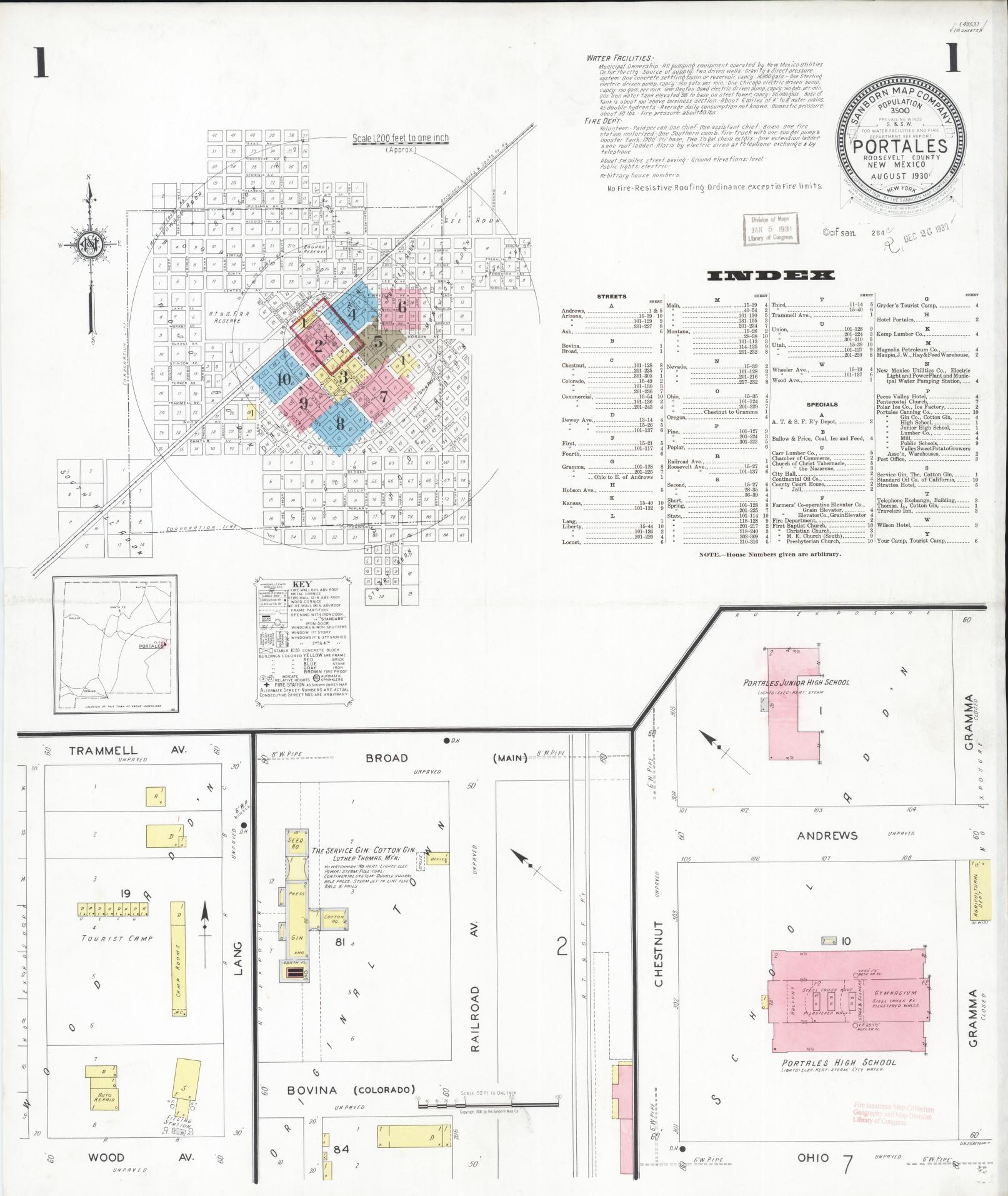 Sanborn Fire Insurance Map from Portales, Roosevelt County, New Mexico (1930), Sheet #0001 - Historic Sanborn Fire Insurance Map Print, vintage old map wall art, antique decor, genealogy gift, New Mexico New Mexico map