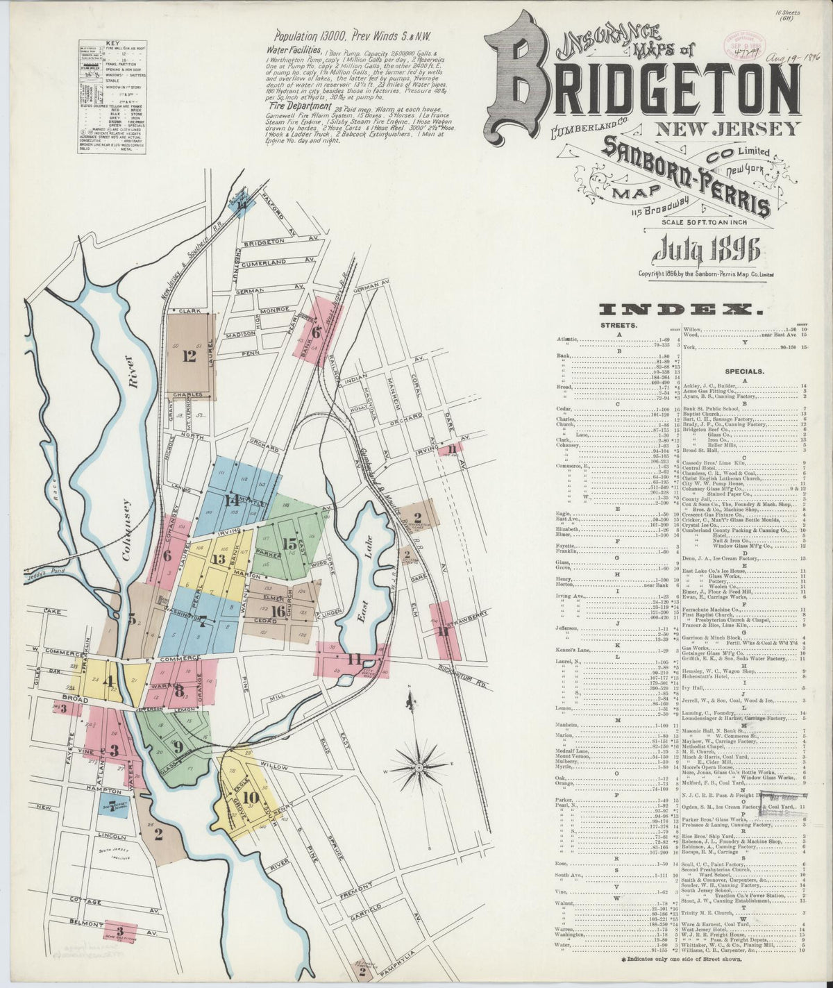 Sanborn Fire Insurance Map from Bridgeton, Cumberland County, New Jersey (1896), Sheet #0001 - Complete Map Set gallery image, historic Sanborn map, vintage wall art, New Jersey New Jersey