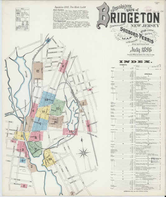 Sanborn Fire Insurance Map from Bridgeton, Cumberland County, New Jersey (1896), Sheet #0001 - Complete Map Set gallery image, historic Sanborn map, vintage wall art, New Jersey New Jersey