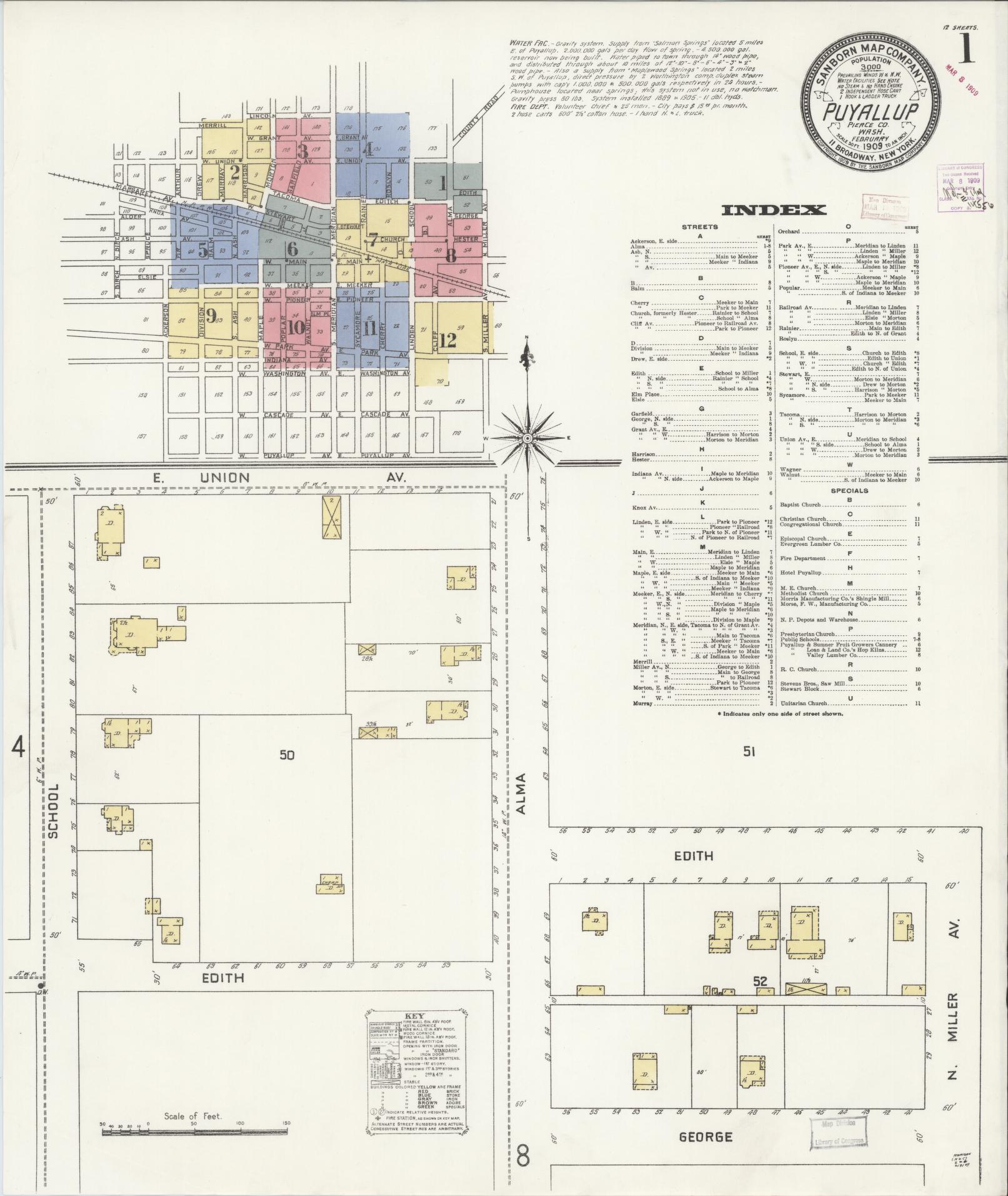 Sanborn Fire Insurance Map from Puyallup, Pierce County, Washington (1909), Sheet #0001 - Complete Map Set gallery image, historic Sanborn map, vintage wall art, Washington Washington