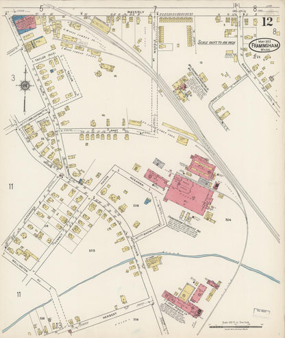Sanborn Fire Insurance Map from Framingham, Middlesex County, Massachusetts (1922), Sheet #0012 - Historic Sanborn Fire Insurance Map Print, vintage old map wall art, antique decor, genealogy gift, Massachusetts Massachusetts map