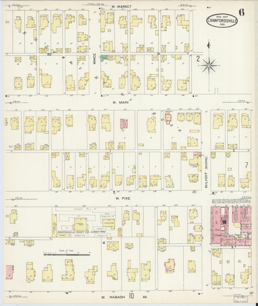 Sanborn Fire Insurance Map from Crawfordsville, Montgomery County, Indiana (1907), Sheet #0006 - Historic Sanborn Fire Insurance Map Print, vintage old map wall art, antique decor, genealogy gift, Indiana Indiana map