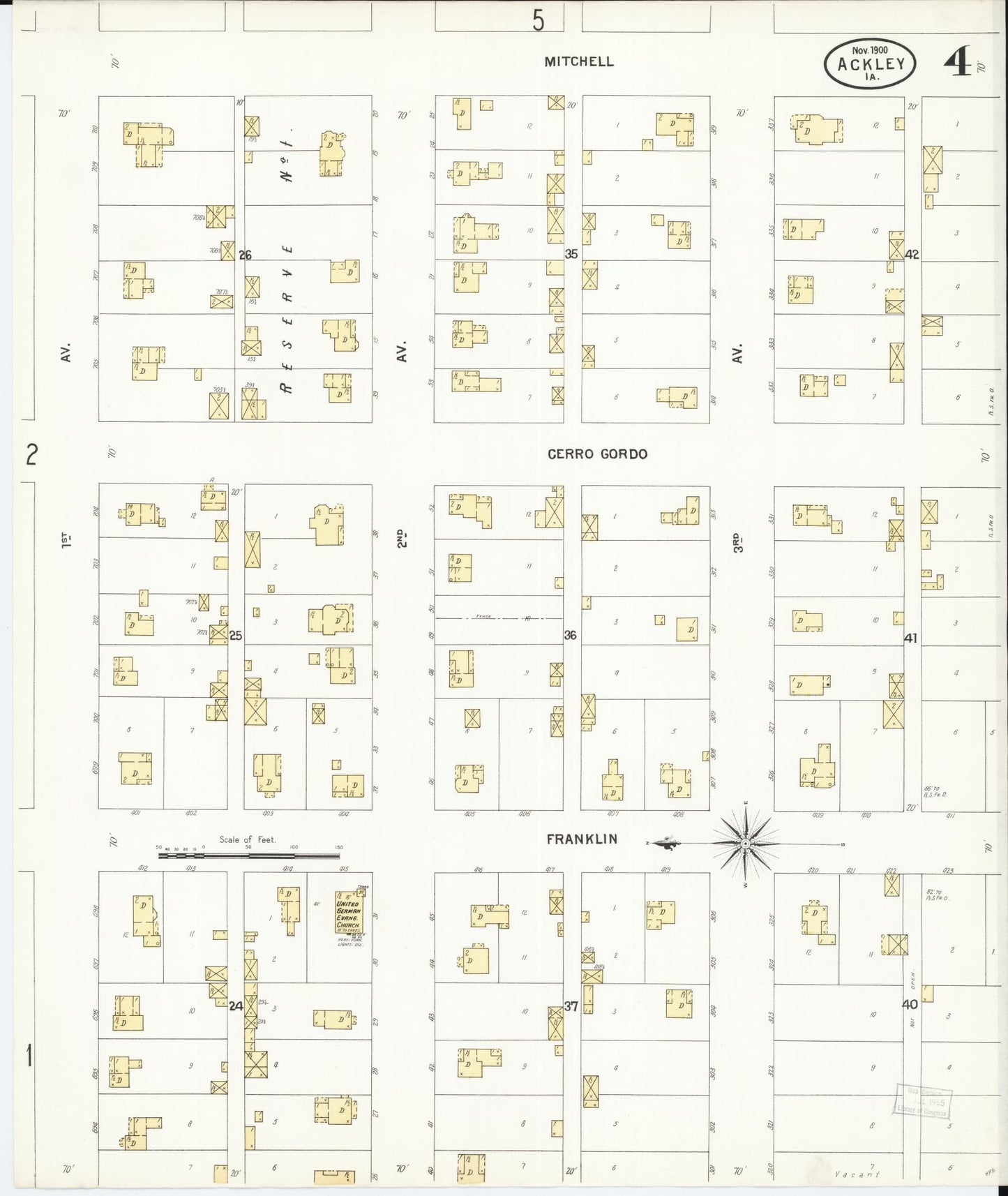 Sanborn Fire Insurance Map from Ackley, Hardin and Franklin Counties, Iowa (1900), Sheet #0004 - Historic Sanborn Fire Insurance Map Print, vintage old map wall art