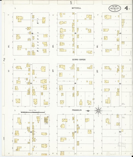 Sanborn Fire Insurance Map from Ackley, Hardin and Franklin Counties, Iowa (1900), Sheet #0004 - Historic Sanborn Fire Insurance Map Print, vintage old map wall art