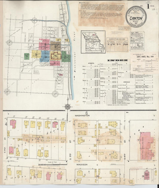 Sanborn Fire Insurance Map from Canton, Lewis County, Missouri (1940), Sheet #0001 - Historic Sanborn Fire Insurance Map Print, vintage old map wall art, antique decor, genealogy gift, Missouri Missouri map