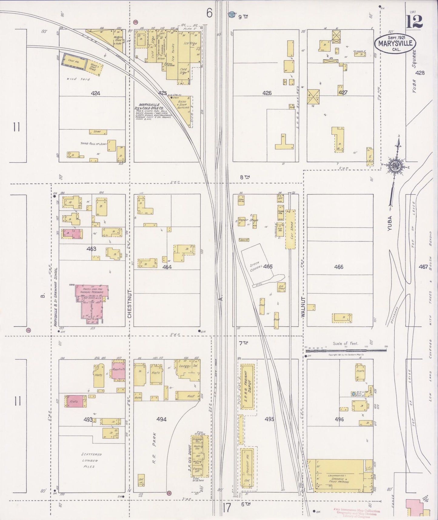 Sanborn Fire Insurance Map from Marysville, Yuba County, California (1921), Sheet #0012 - Historic Sanborn Fire Insurance Map Print, vintage old map wall art, antique decor, genealogy gift, California California map