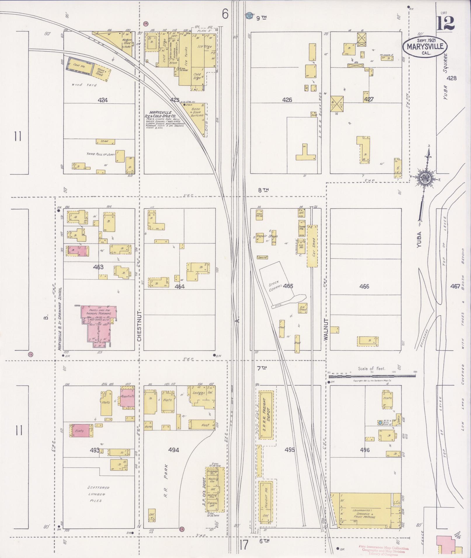 Sanborn Fire Insurance Map from Marysville, Yuba County, California (1921), Sheet #0012 - Historic Sanborn Fire Insurance Map Print, vintage old map wall art, antique decor, genealogy gift, California California map