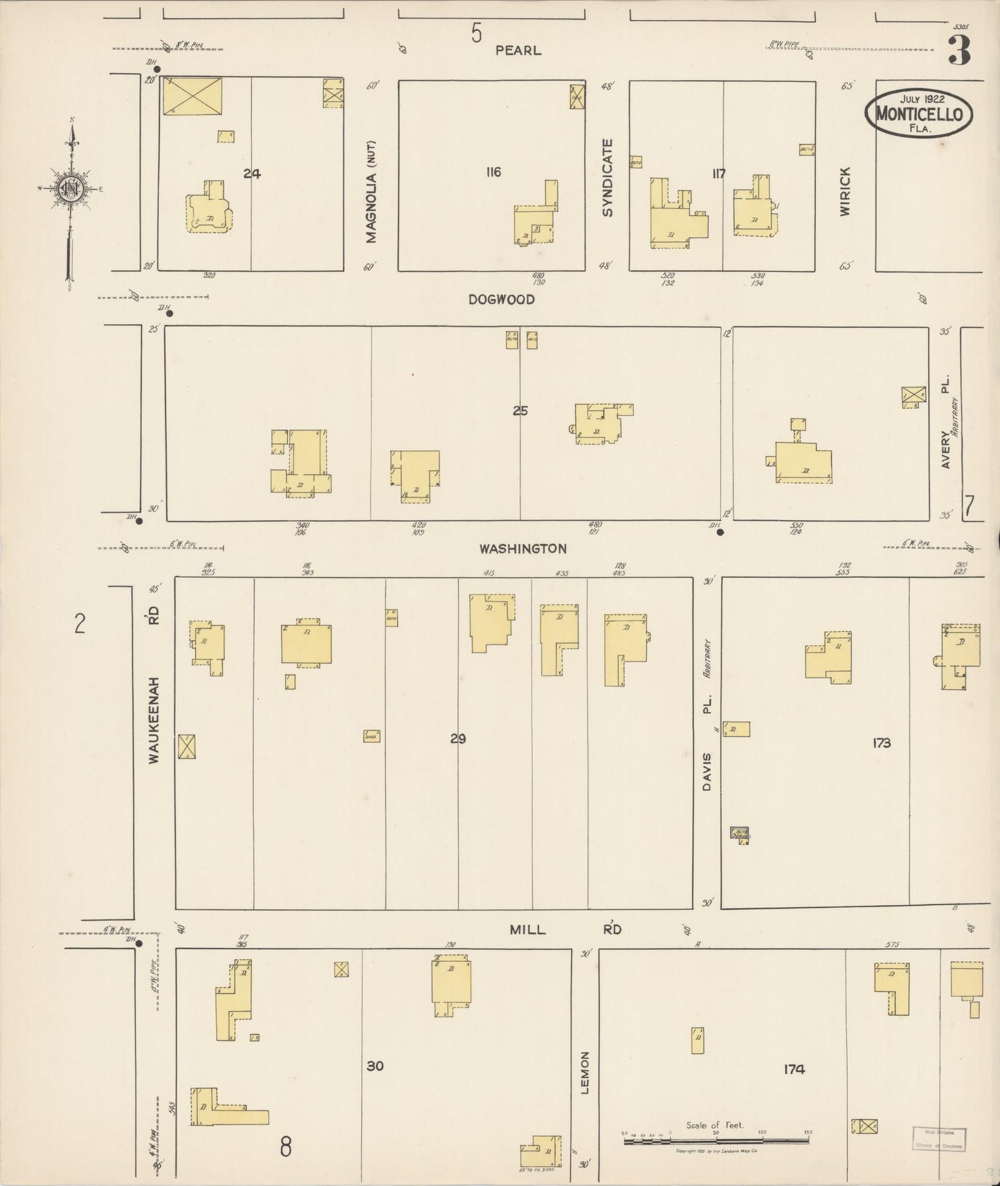 Sanborn Fire Insurance Map from Monticello, Jefferson County, Florida (1922), Sheet #0003 - Historic Sanborn Fire Insurance Map Print, vintage old map wall art, antique decor, genealogy gift, Florida Florida map
