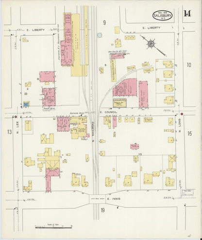 Sanborn Fire Insurance Map from Salisbury, Rowan County, North Carolina (1913), Sheet #0014 - Complete Map Set gallery image, historic Sanborn map, vintage wall art, North Carolina North Carolina