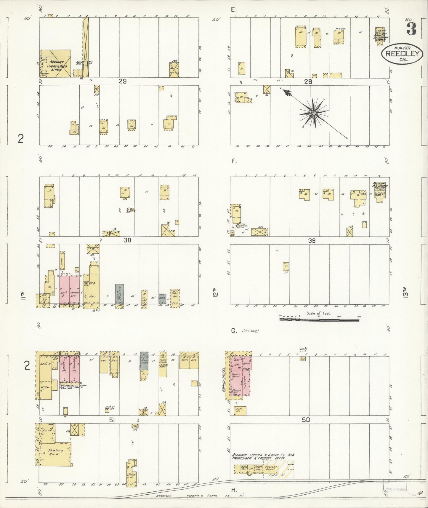 Sanborn Fire Insurance Map from Reedley, Fresno County, California (1907), Sheet #0003 - Complete Map Set gallery image, historic Sanborn map, vintage wall art, California California
