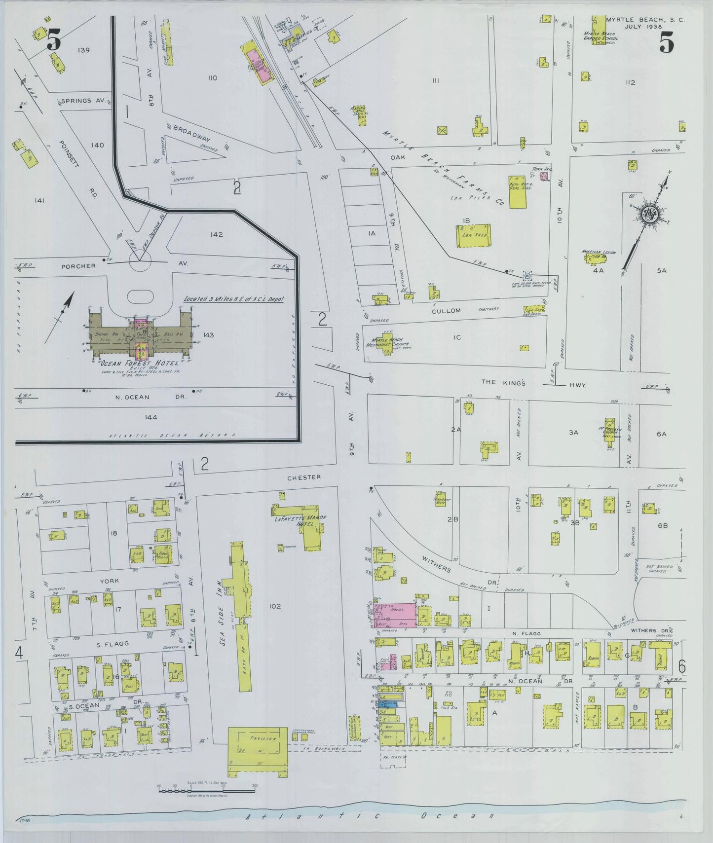 Sanborn Fire Insurance Map from Myrtle Beach, Horry County, South Carolina (1938), Sheet #0005 - Historic Sanborn Fire Insurance Map Print, vintage old map wall art, antique decor, genealogy gift, South Carolina South Carolina map