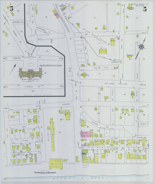 Sanborn Fire Insurance Map from Myrtle Beach, Horry County, South Carolina (1938), Sheet #0005 - Historic Sanborn Fire Insurance Map Print, vintage old map wall art, antique decor, genealogy gift, South Carolina South Carolina map