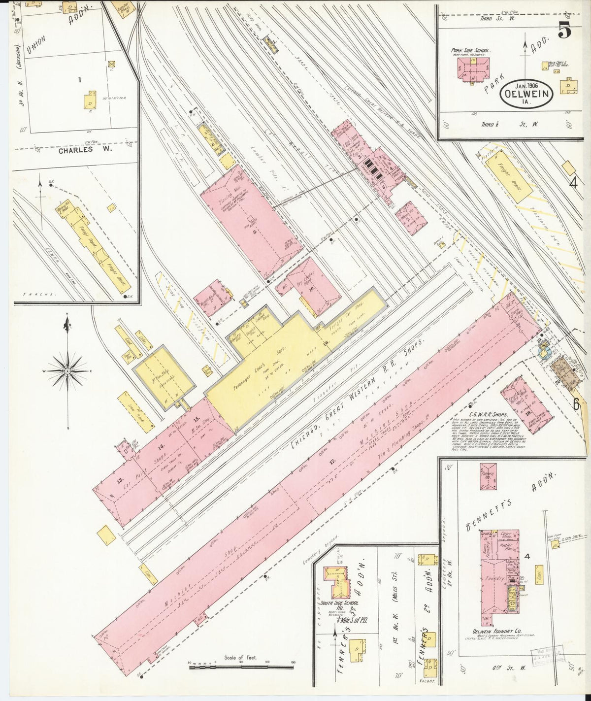 Sanborn Fire Insurance Map from Oelwein, Fayette County, Iowa (1906), Sheet #0005 - Historic Sanborn Fire Insurance Map Print, vintage old map wall art