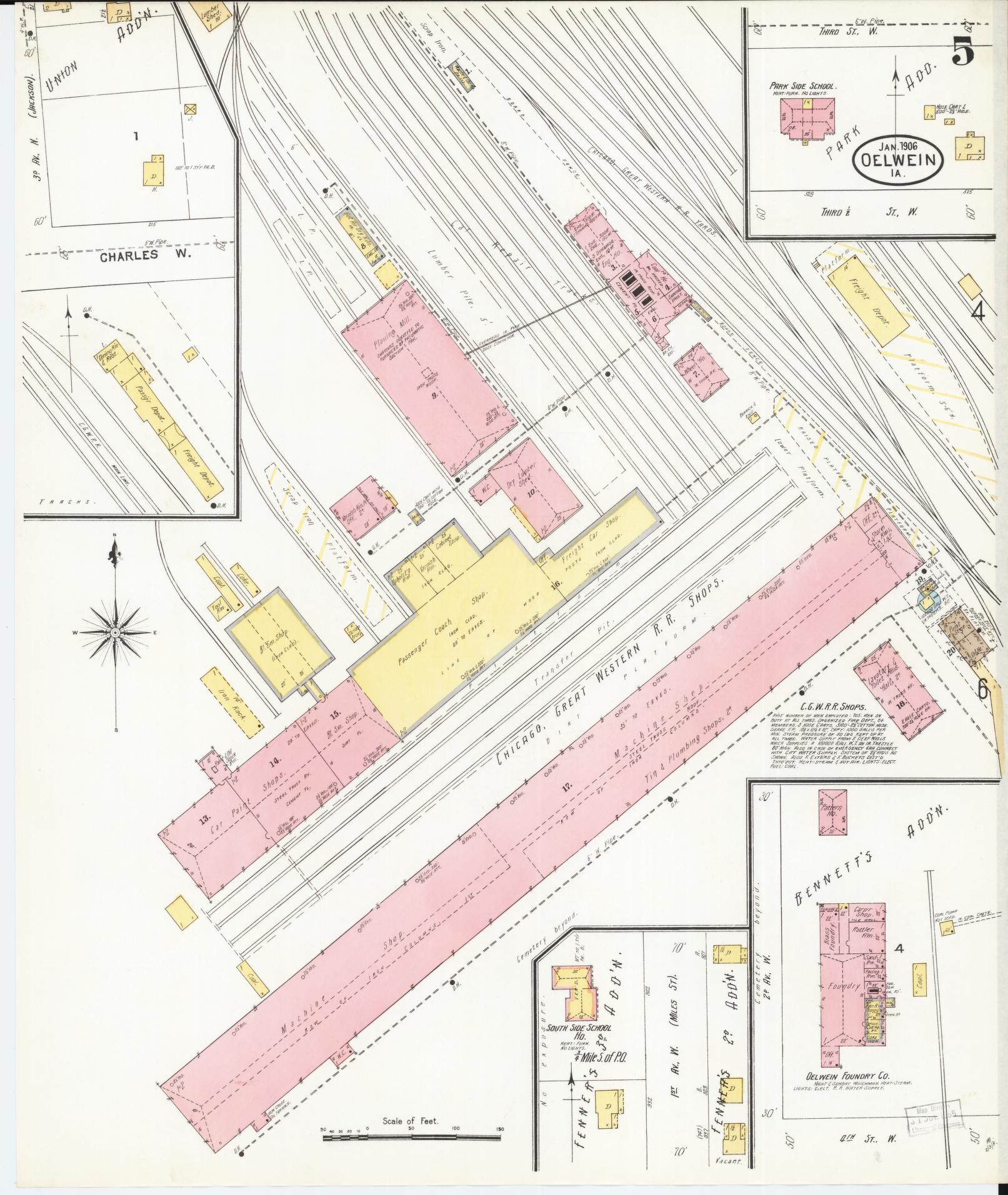 Sanborn Fire Insurance Map from Oelwein, Fayette County, Iowa (1906), Sheet #0005 - Historic Sanborn Fire Insurance Map Print, vintage old map wall art