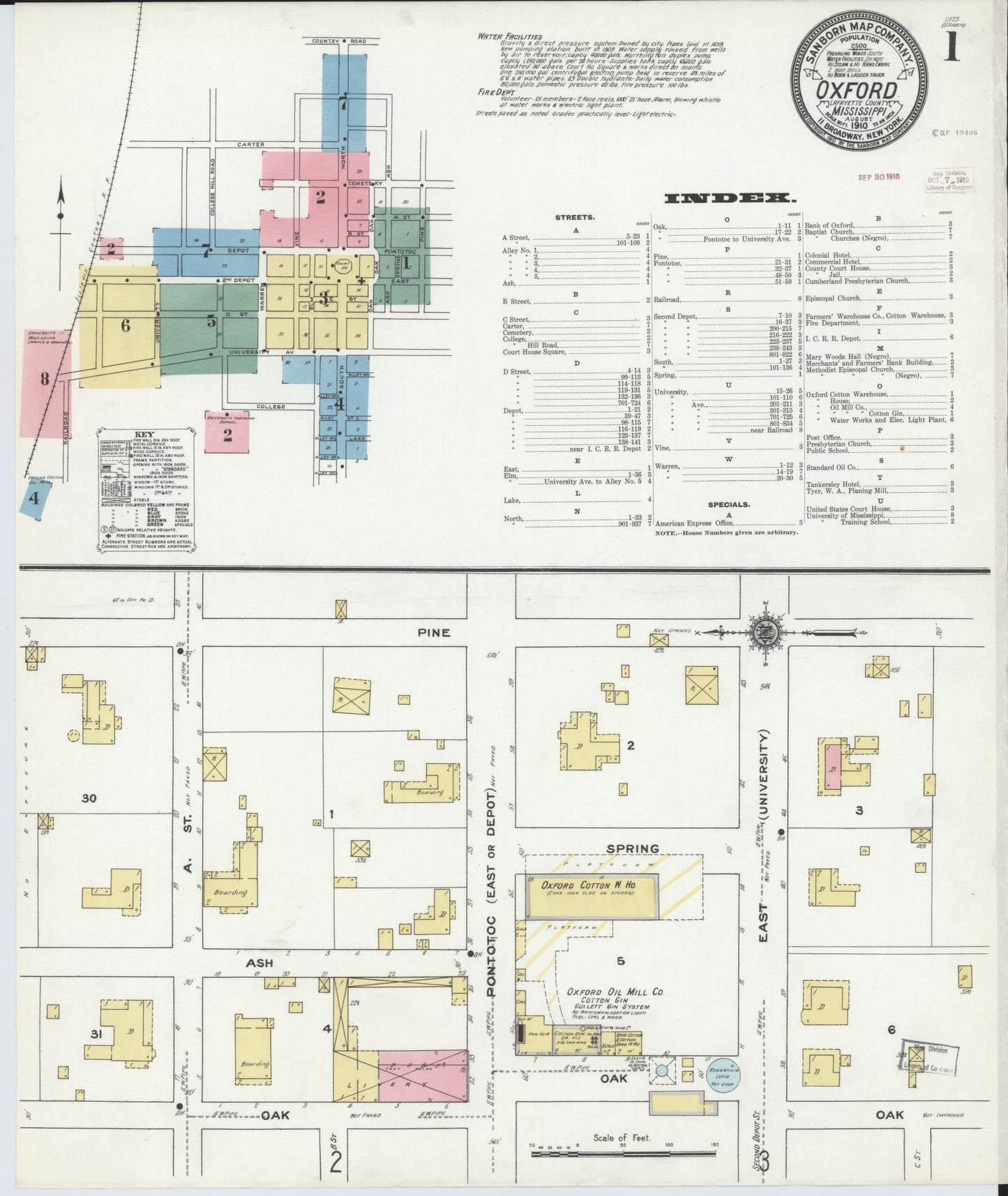 Sanborn Fire Insurance Map from Oxford, Lafayette County, Mississippi (1910), Sheet #0001 - Historic Sanborn Fire Insurance Map Print, vintage old map wall art, antique decor, genealogy gift, Mississippi Mississippi map