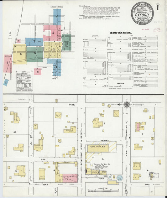 Sanborn Fire Insurance Map from Oxford, Lafayette County, Mississippi (1910), Sheet #0001 - Historic Sanborn Fire Insurance Map Print, vintage old map wall art, antique decor, genealogy gift, Mississippi Mississippi map