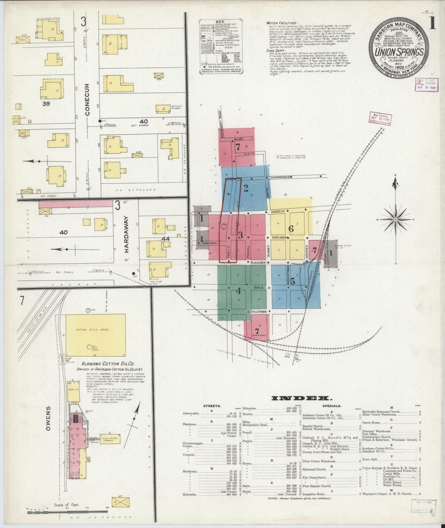 Sanborn Fire Insurance Map from Union Springs, Bullock County, Alabama (1909), Sheet #0001 - Complete Map Set gallery image, historic Sanborn map, vintage wall art, Alabama Alabama