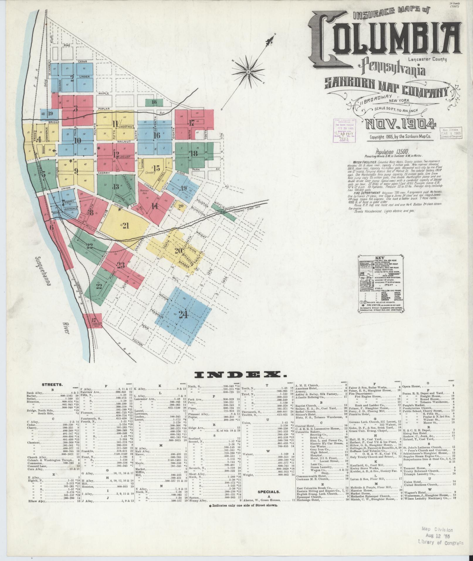 Sanborn Fire Insurance Map from Columbia, Lancaster County, Pennsylvania (1904), Sheet #0001 - Historic Sanborn Fire Insurance Map Print, vintage old map wall art, antique decor, genealogy gift, Pennsylvania Pennsylvania map