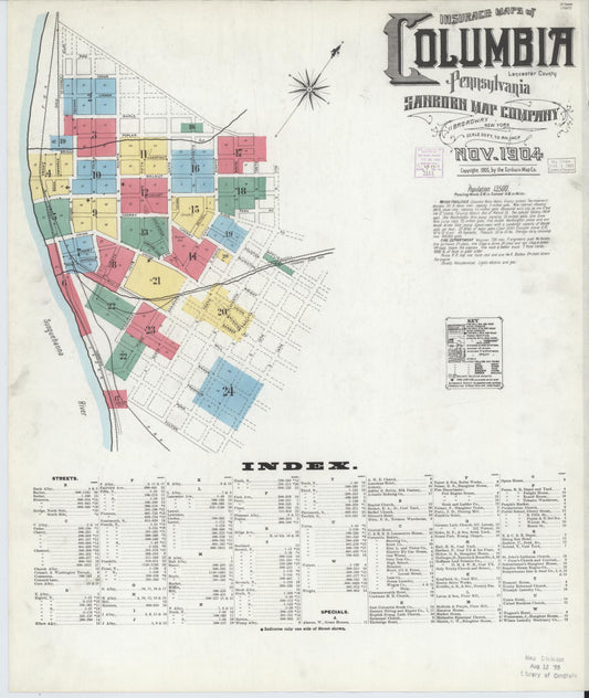Sanborn Fire Insurance Map from Columbia, Lancaster County, Pennsylvania (1904), Sheet #0001 - Historic Sanborn Fire Insurance Map Print, vintage old map wall art, antique decor, genealogy gift, Pennsylvania Pennsylvania map