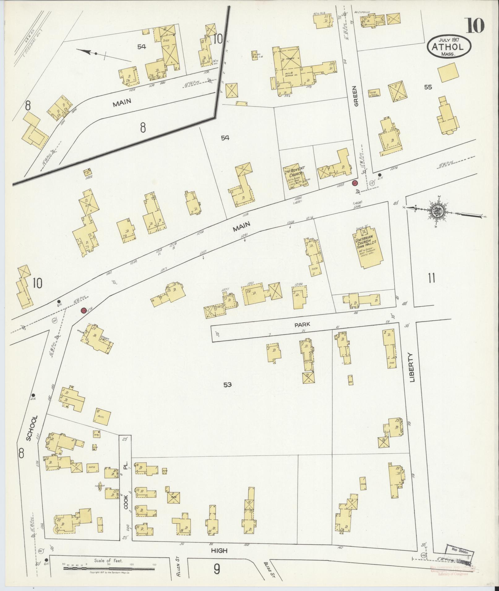 Sanborn Fire Insurance Map from Athol, Worcester County, Massachusetts (1917), Sheet #0010 - Complete Map Set gallery image, historic Sanborn map, vintage wall art, Massachusetts Massachusetts