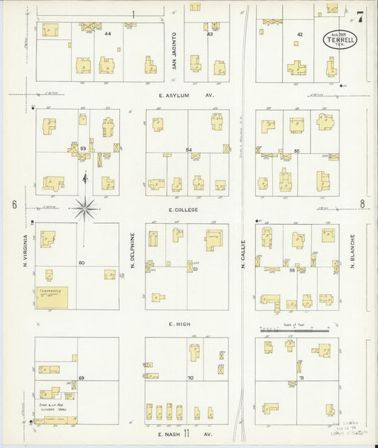 Sanborn Fire Insurance Map from Terrell, Kaufman County, Texas (1909), Sheet #0007 - Historic Sanborn Fire Insurance Map Print, vintage old map wall art, antique decor, genealogy gift, Texas Texas map