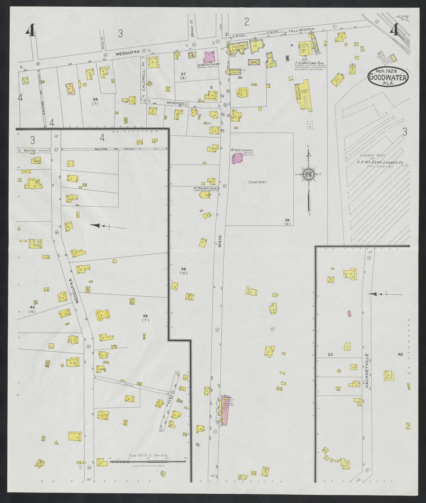 Sanborn Fire Insurance Map from Goodwater, Coosa County, Alabama (1928), Sheet #0004 - Historic Sanborn Fire Insurance Map Print, vintage old map wall art, antique decor, genealogy gift, Alabama Alabama map