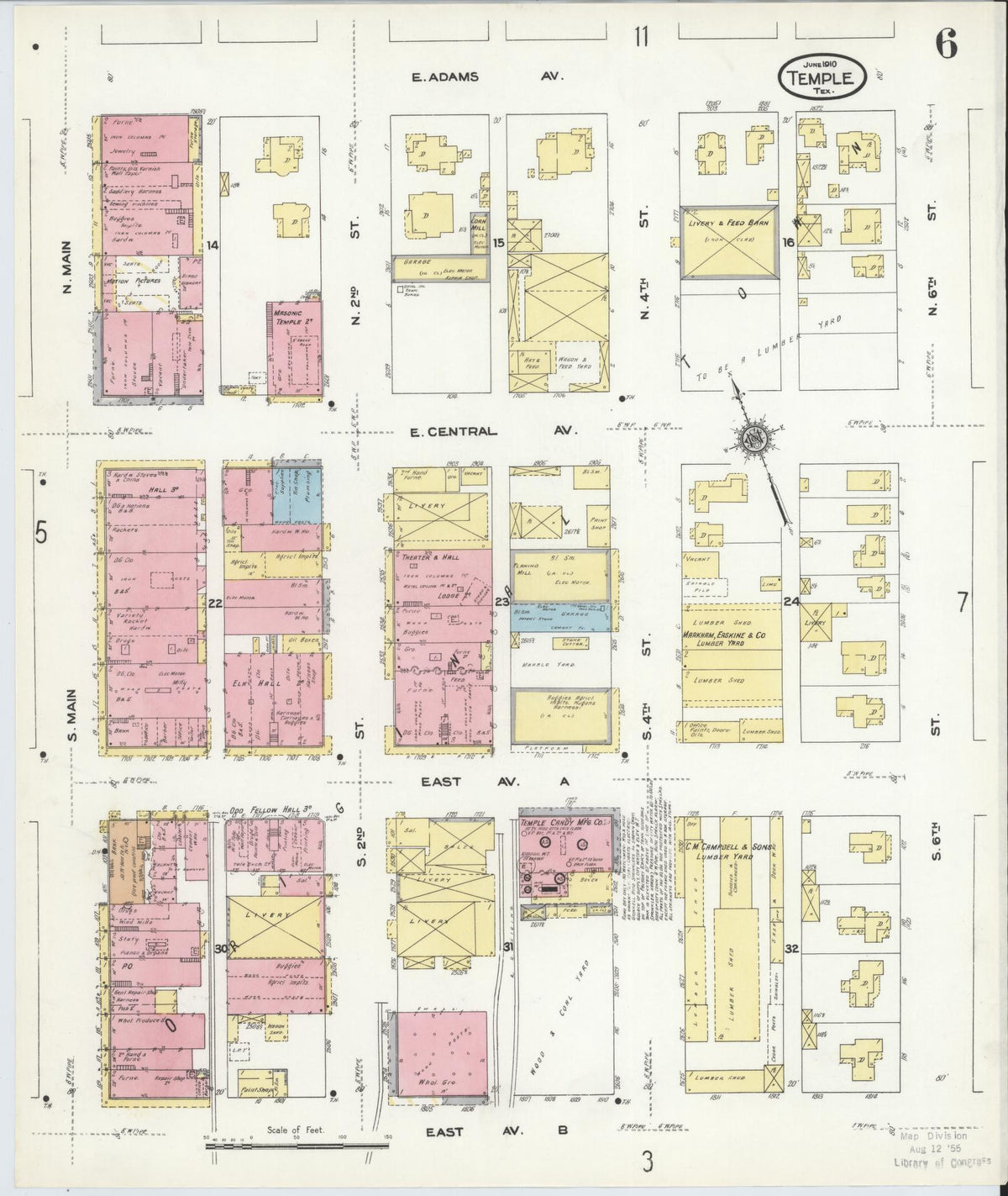Sanborn Fire Insurance Map from Temple, Bell County, Texas (1910), Sheet #0006 - Complete Map Set gallery image, historic Sanborn map, vintage wall art, Texas Texas