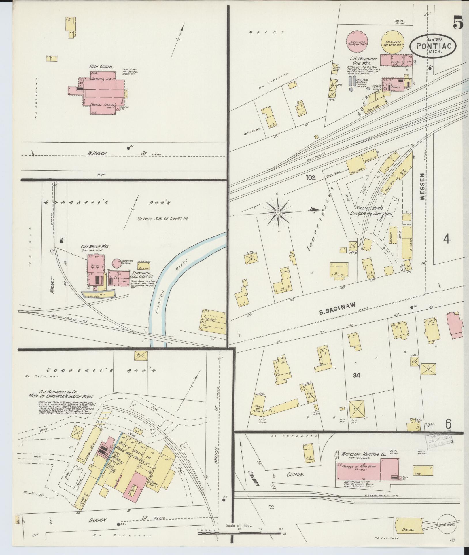Sanborn Fire Insurance Map from Pontiac, Oakland County, Michigan (1898), Sheet #0005 - Complete Map Set gallery image, historic Sanborn map, vintage wall art, Michigan Michigan