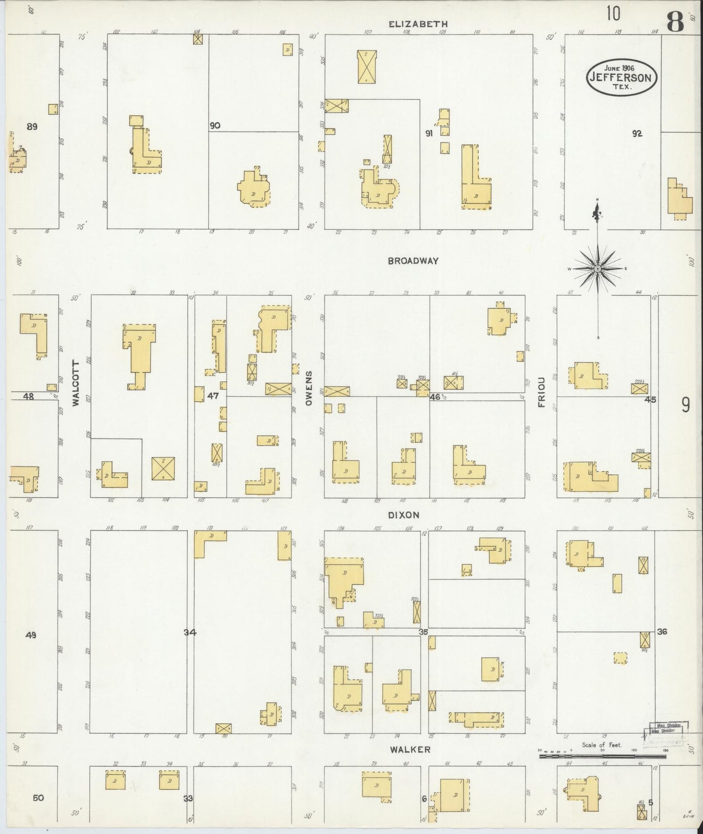 Sanborn Fire Insurance Map from Jefferson, Marion County, Texas (1906), Sheet #0008 - Historic Sanborn Fire Insurance Map Print, vintage old map wall art, antique decor, genealogy gift, Texas Texas map
