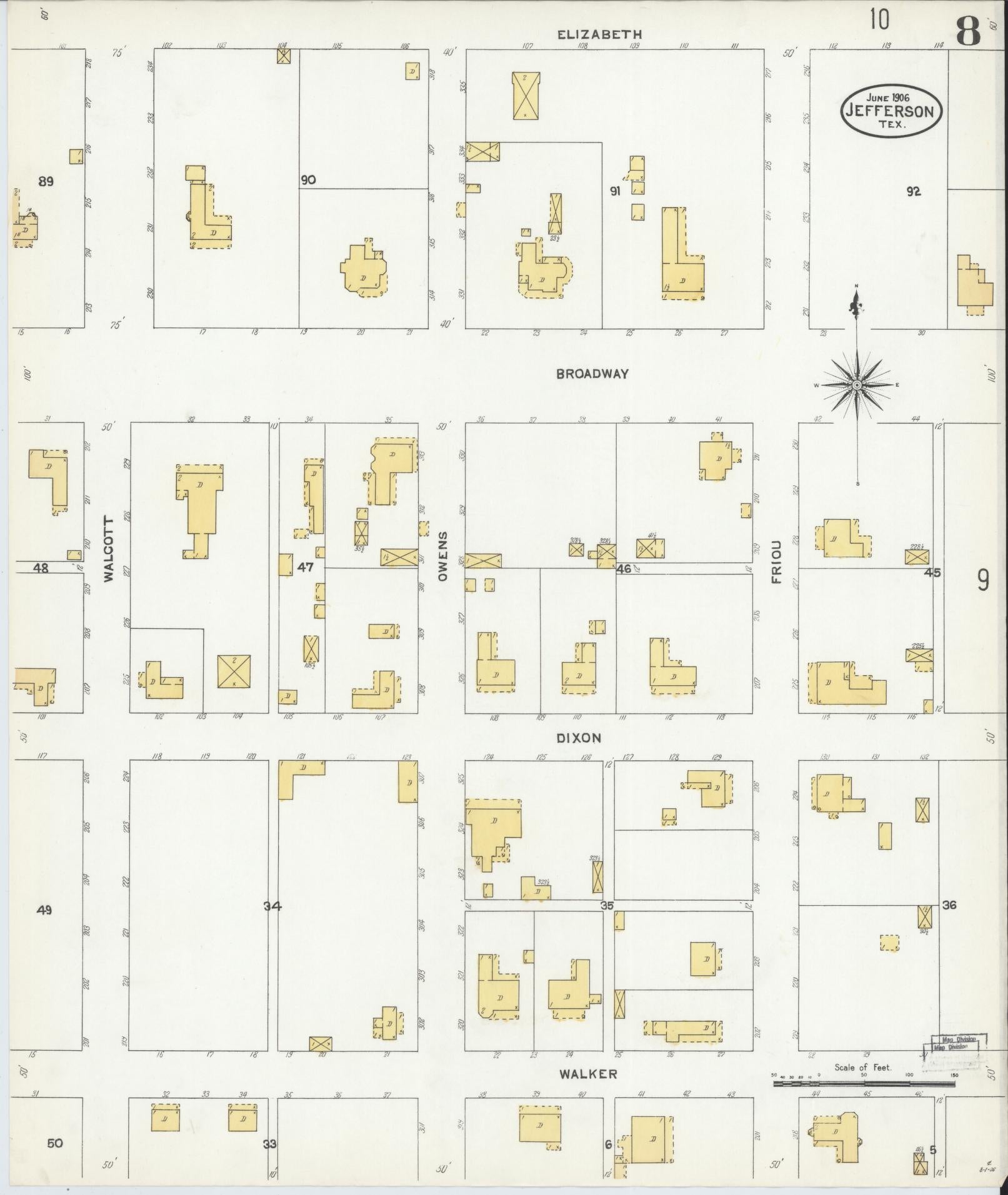 Sanborn Fire Insurance Map from Jefferson, Marion County, Texas (1906), Sheet #0008 - Historic Sanborn Fire Insurance Map Print, vintage old map wall art, antique decor, genealogy gift, Texas Texas map
