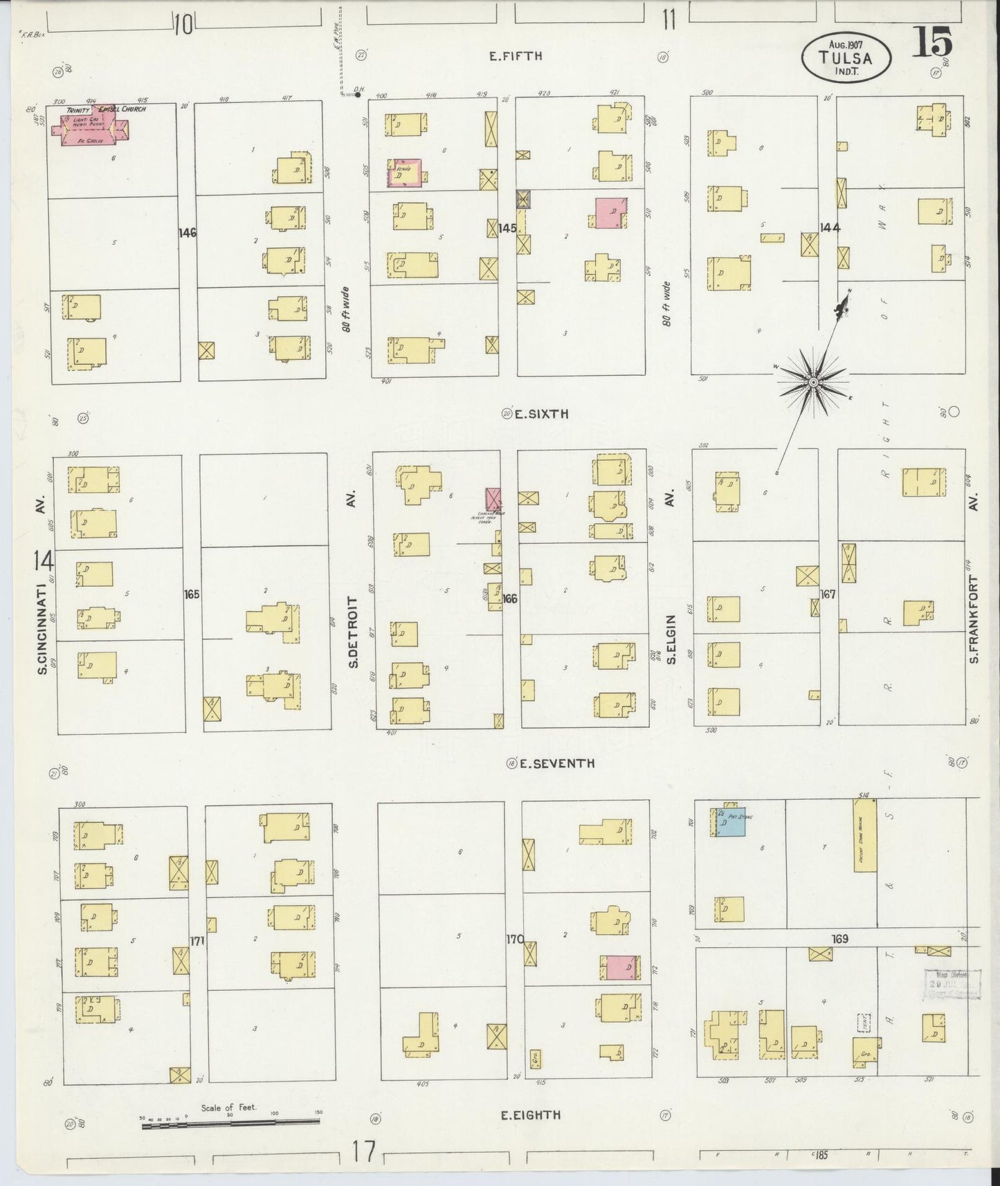 Sanborn Fire Insurance Map from Tulsa, Tulsa County, Oklahoma (1907), Sheet #0015 - Complete Map Set gallery image, historic Sanborn map, vintage wall art, Oklahoma Oklahoma