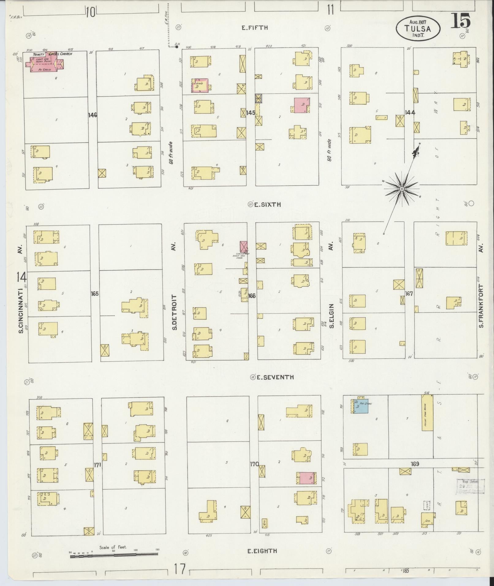 Sanborn Fire Insurance Map from Tulsa, Tulsa County, Oklahoma (1907), Sheet #0015 - Complete Map Set gallery image, historic Sanborn map, vintage wall art, Oklahoma Oklahoma