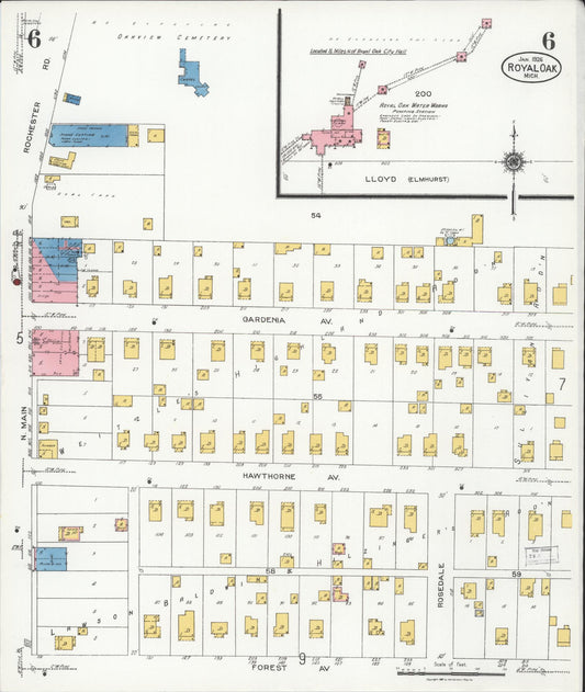 Sanborn Fire Insurance Map from Royal Oak, Oakland County, Michigan (1926), Sheet #0006 - Historic Sanborn Fire Insurance Map Print, vintage old map wall art, antique decor, genealogy gift, Michigan Michigan map