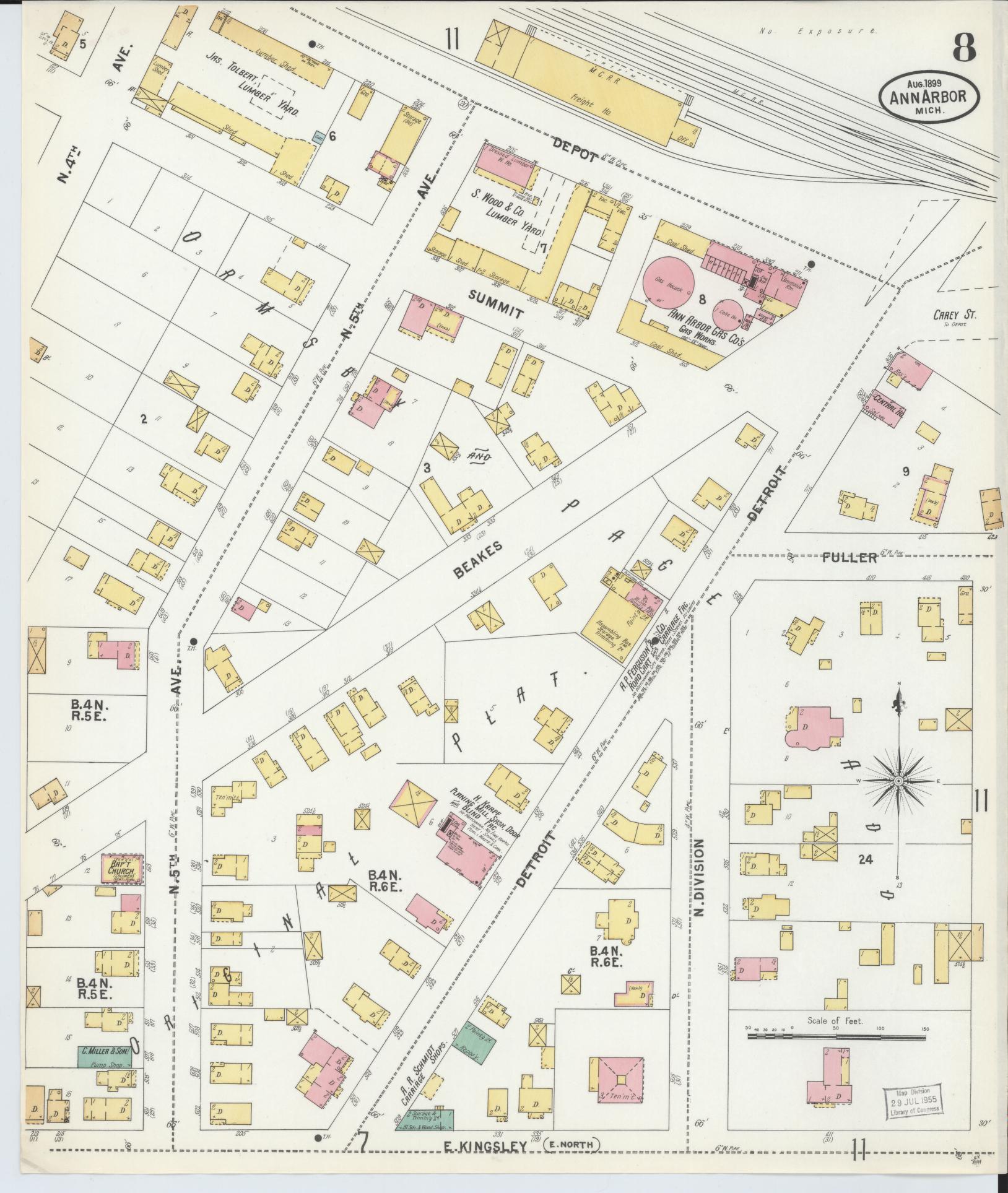 Sanborn Fire Insurance Map from Ann Arbor, Washtenaw County, Michigan (1899), Sheet #0008 - Historic Sanborn Fire Insurance Map Print, vintage old map wall art, antique decor, genealogy gift, Michigan Michigan map
