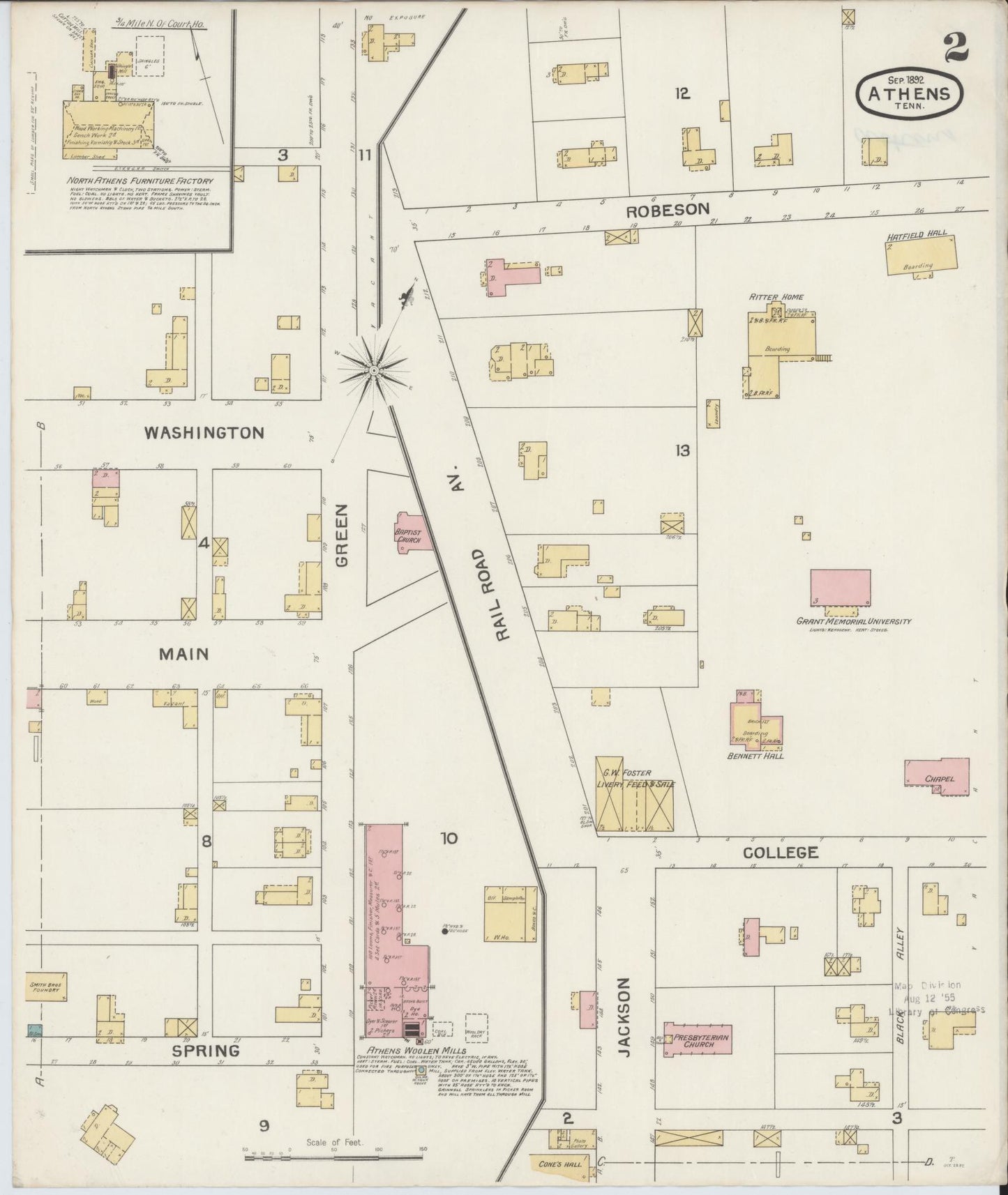 Sanborn Fire Insurance Map from Athens, McMinn County, Tennessee (1892), Sheet #0002 - Complete Map Set gallery image, historic Sanborn map, vintage wall art, Tennessee Tennessee