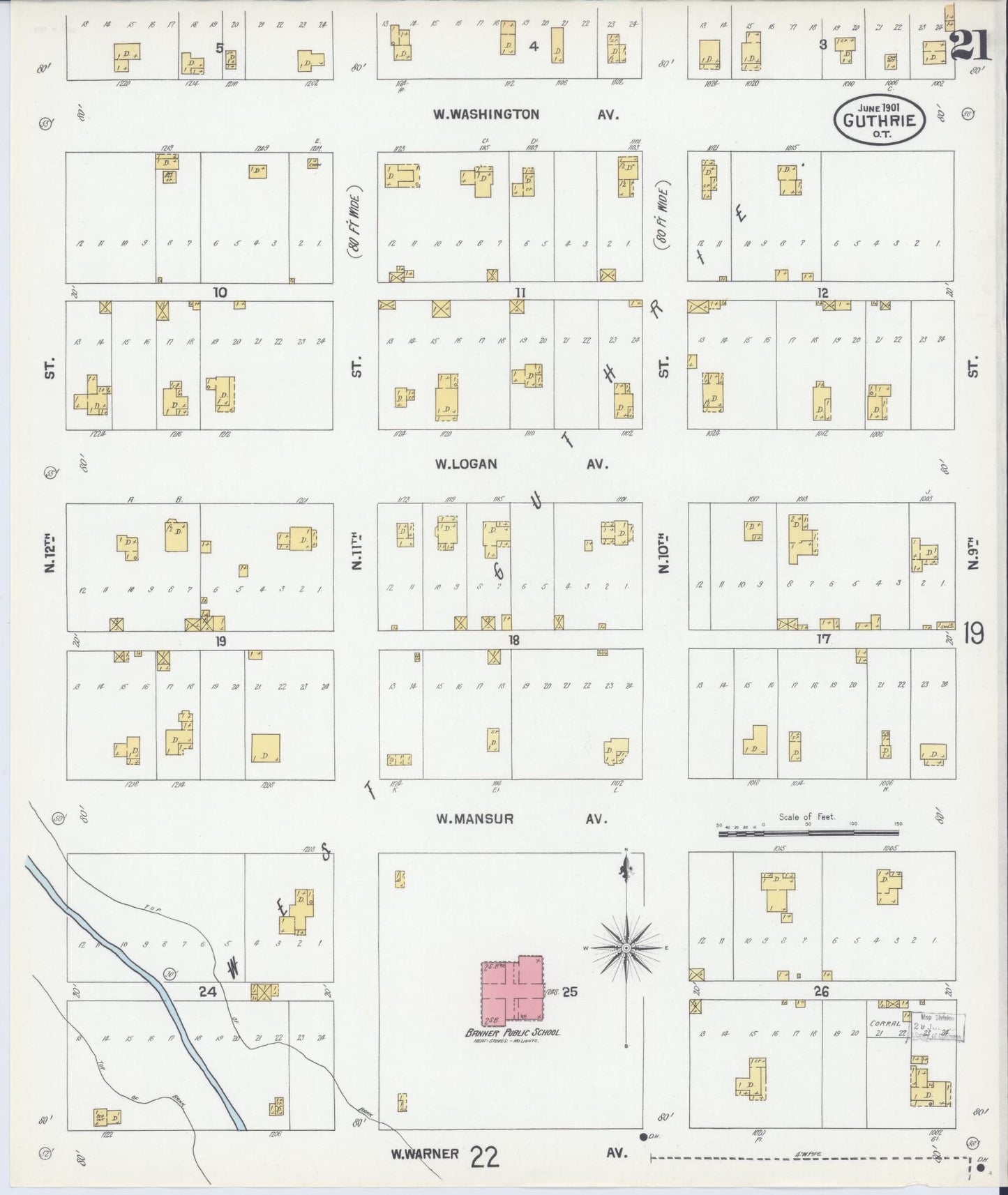 Sanborn Fire Insurance Map from Guthrie, Logan County, Oklahoma (1901), Sheet #0021 - Historic Sanborn Fire Insurance Map Print, vintage old map wall art, antique decor, genealogy gift, Oklahoma Oklahoma map