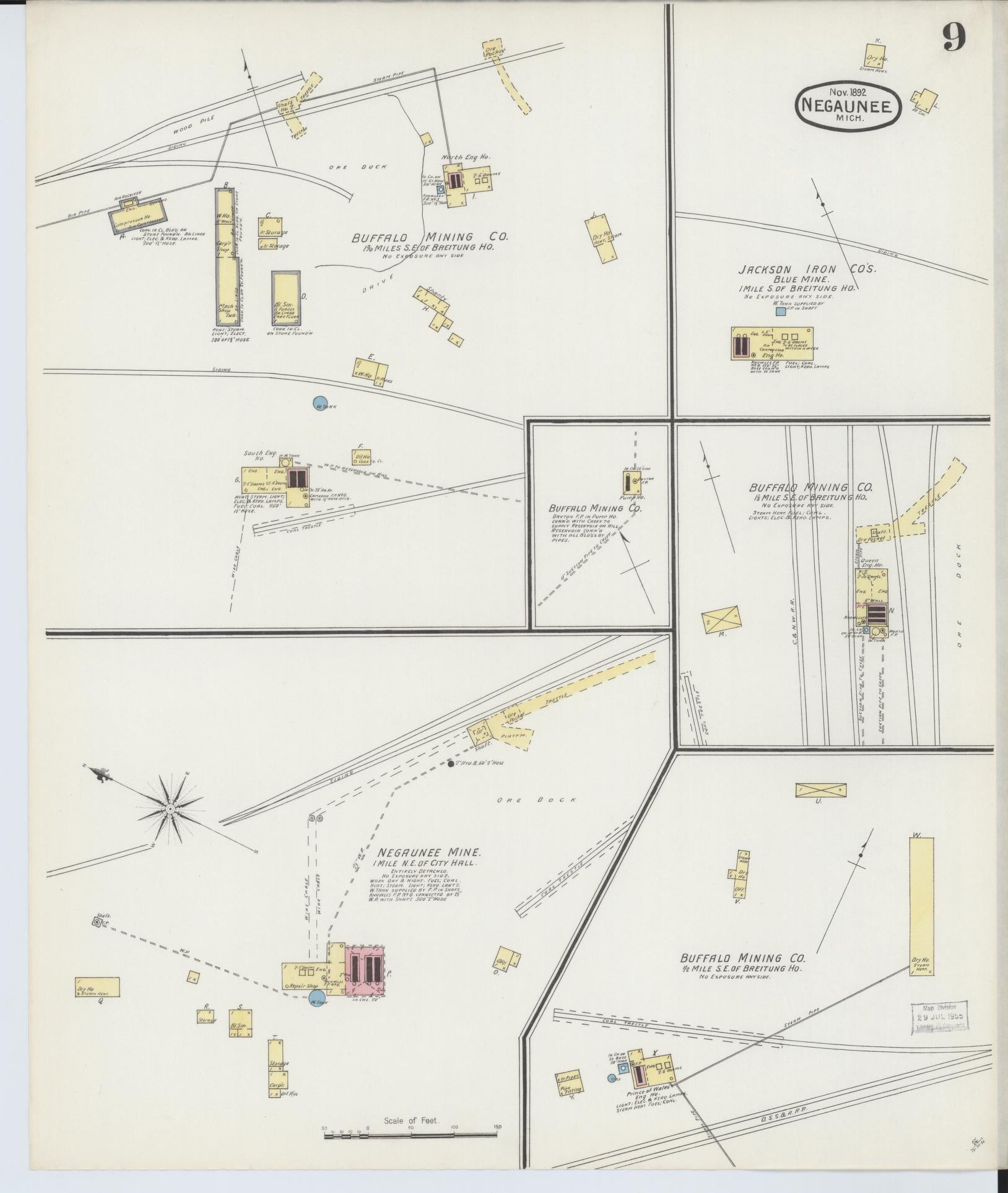 Sanborn Fire Insurance Map from Negaunee, Marquette County, Michigan (1892), Sheet #0009 - Historic Sanborn Fire Insurance Map Print, vintage old map wall art, antique decor, genealogy gift, Michigan Michigan map