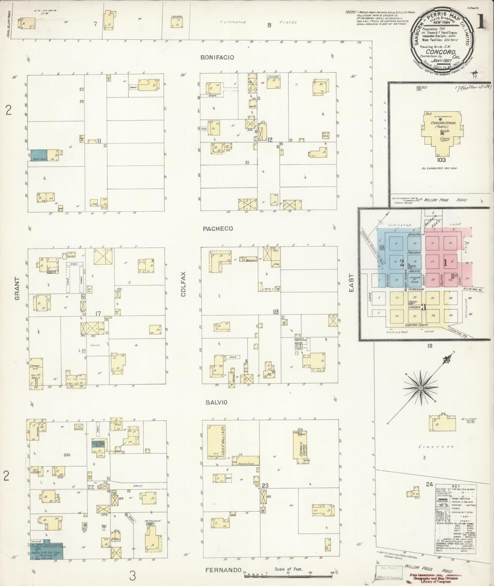 Sanborn Fire Insurance Map from Concord, Contra Costa County, California (1897), Sheet #0001 - Complete Map Set gallery image, historic Sanborn map, vintage wall art, California California