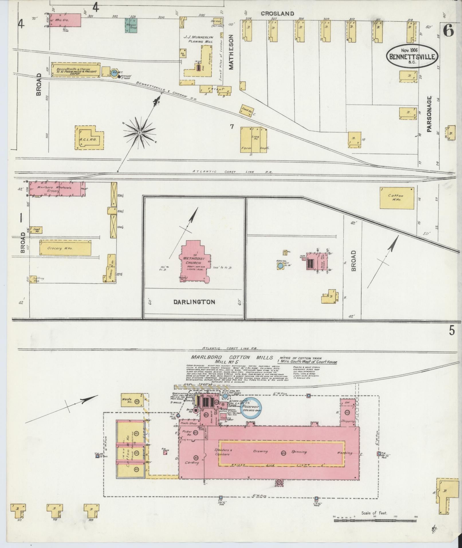 Sanborn Fire Insurance Map from Bennettsville, Marlboro County, South Carolina (1906), Sheet #0006 - Historic Sanborn Fire Insurance Map Print, vintage old map wall art, antique decor, genealogy gift, South Carolina South Carolina map