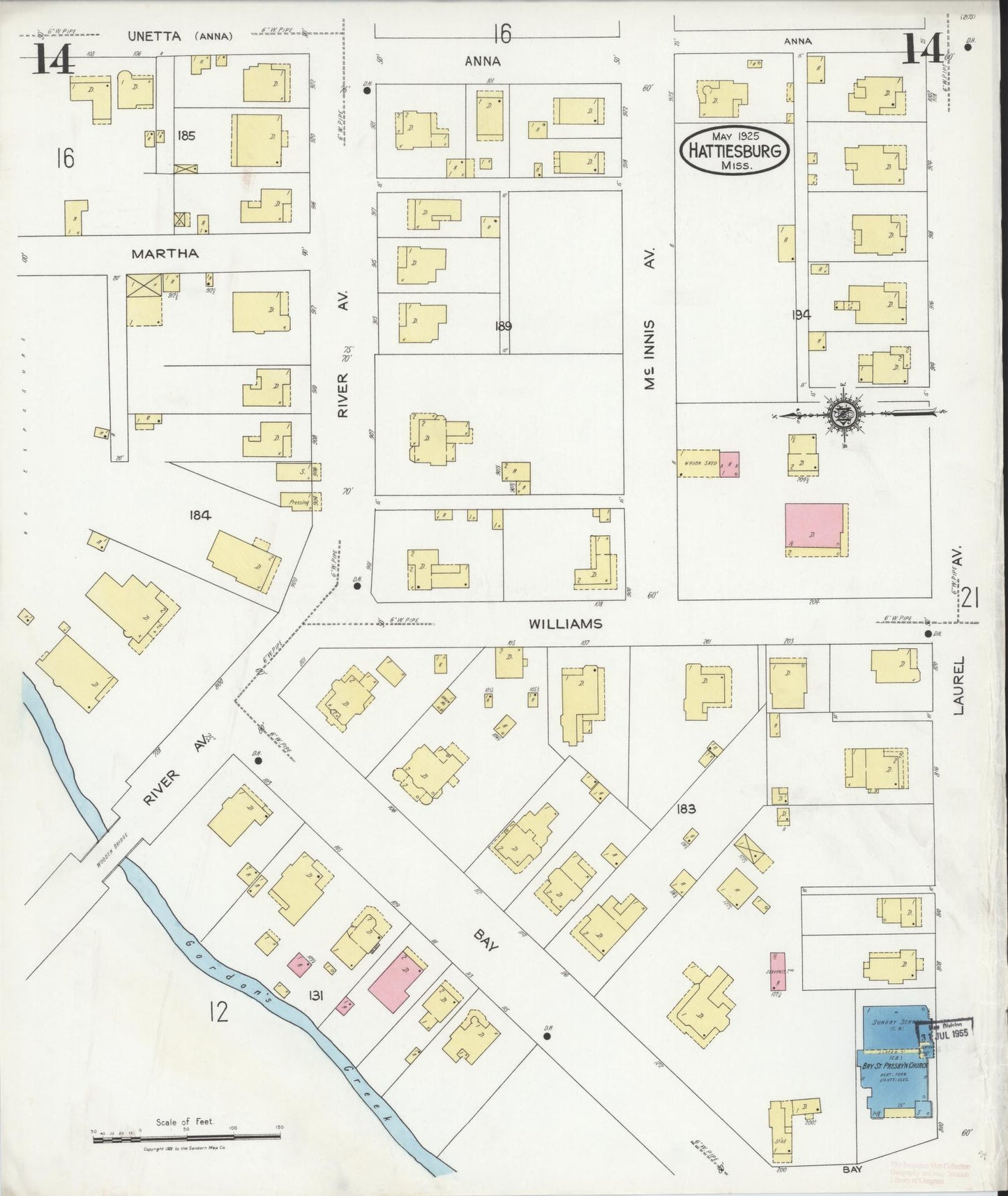 Sanborn Fire Insurance Map from Hattiesburg, Forrest County, Mississippi (1925), Sheet #0014 - Complete Map Set gallery image, historic Sanborn map, vintage wall art, Mississippi Mississippi