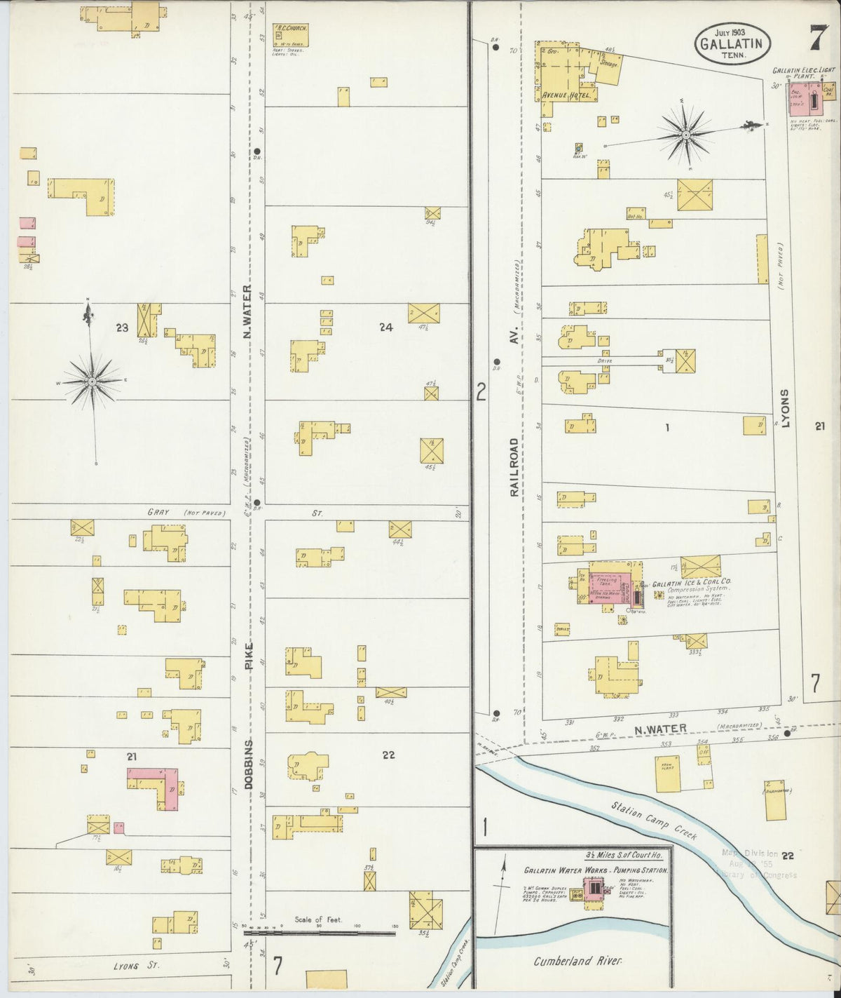 Sanborn Fire Insurance Map from Gallatin, Sumner County, Tennessee (1903), Sheet #0007 - Complete Map Set gallery image, historic Sanborn map, vintage wall art, Tennessee Tennessee