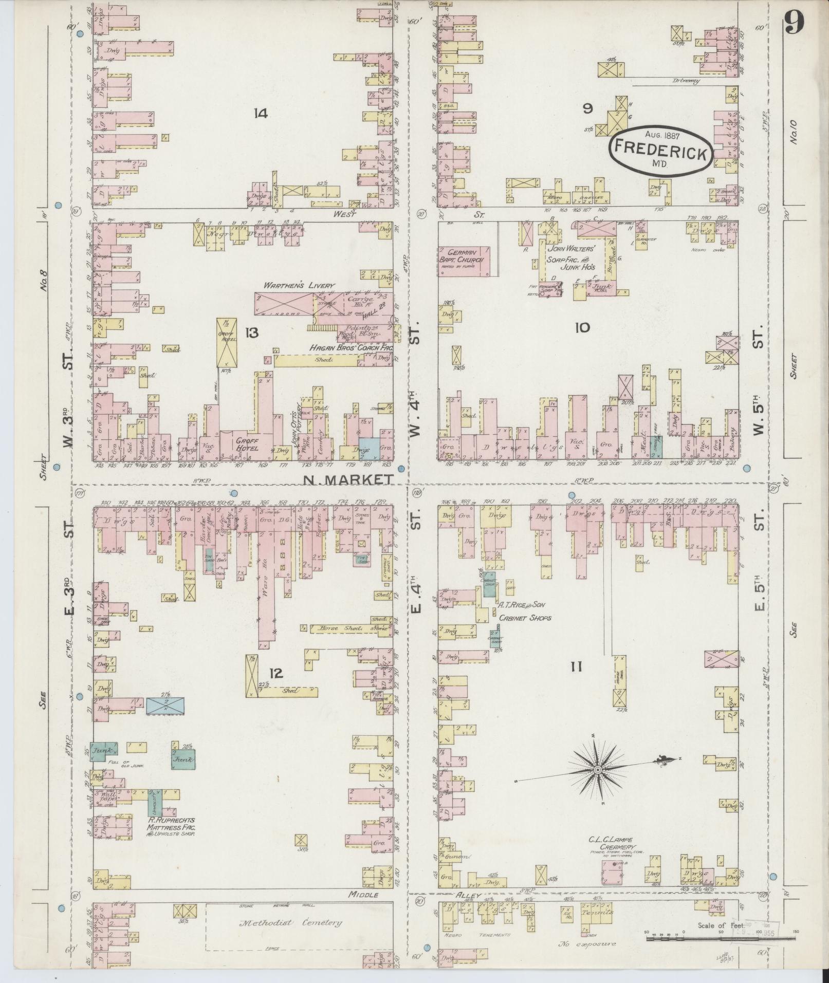 Frederick, Maryland - 1887 - Sanborn Fire Insurance Map, Sheet #0009 - Historic Sanborn Fire Insurance Map Print, Frederick Maryland 1887 0009 vintage old map wall art