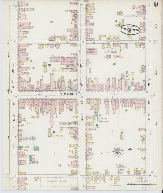 Frederick, Maryland - 1887 - Sanborn Fire Insurance Map, Sheet #0009 - Historic Sanborn Fire Insurance Map Print, Frederick Maryland 1887 0009 vintage old map wall art