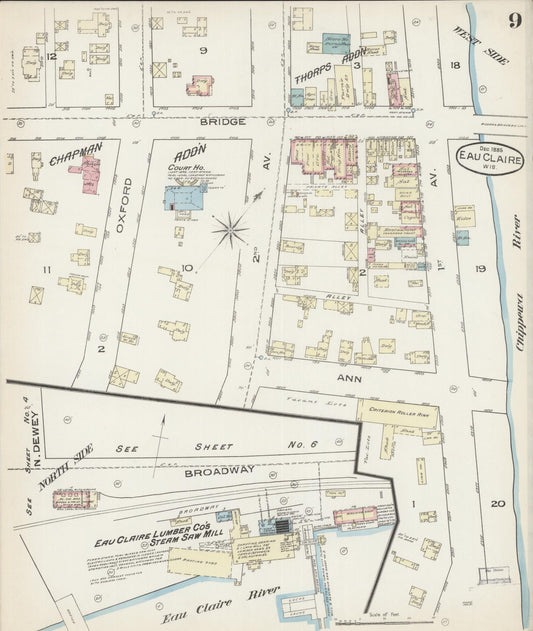 Sanborn Fire Insurance Map from Eau Claire, Eau Claire County, Wisconsin (1885), Sheet #0009 - Historic Sanborn Fire Insurance Map Print, vintage old map wall art, antique decor, genealogy gift, Wisconsin Wisconsin map