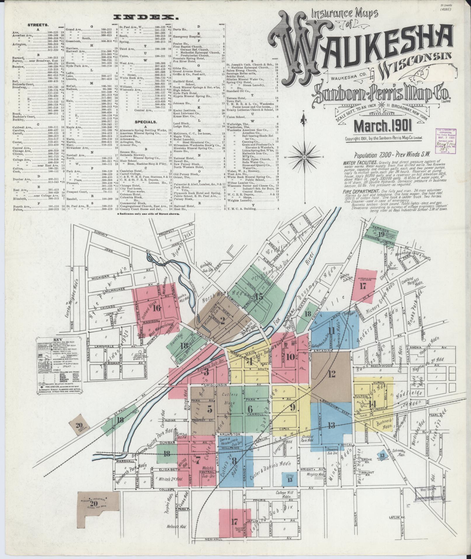 Sanborn Fire Insurance Map from Waukesha, Waukesha County, Wisconsin (1901), Sheet #0001 - Historic Sanborn Fire Insurance Map Print, vintage old map wall art, antique decor, genealogy gift, Wisconsin Wisconsin map
