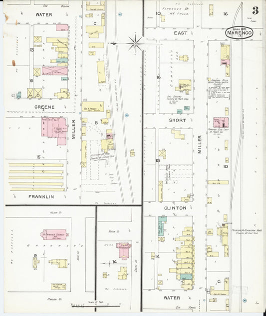 Sanborn Fire Insurance Map from Marengo, Iowa County, Iowa (1892), Sheet #0003 - Historic Sanborn Fire Insurance Map Print, vintage old map wall art