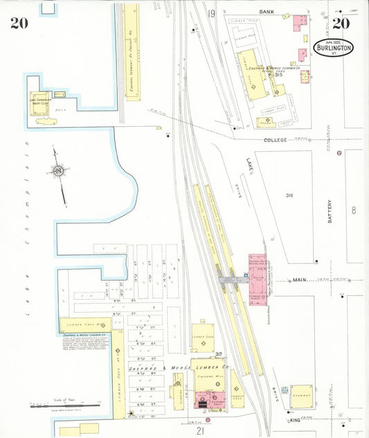 Sanborn Fire Insurance Map from Burlington, Chittenden County, Vermont (1926), Sheet #0020 - Historic Sanborn Fire Insurance Map Print, vintage old map wall art, antique decor, genealogy gift, Vermont Vermont map